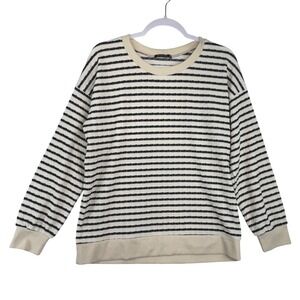 Staccato Women Textured Striped Pullover Sweater Cream Black Crew Neck Casual L